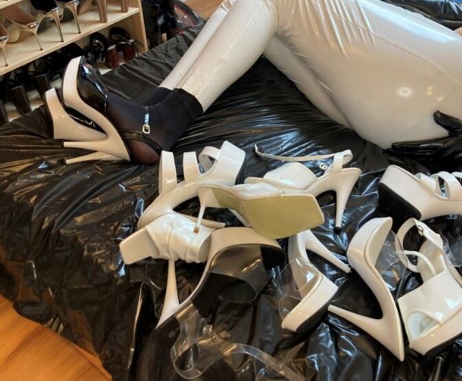 White Heels, White Leggings, Black Nylons