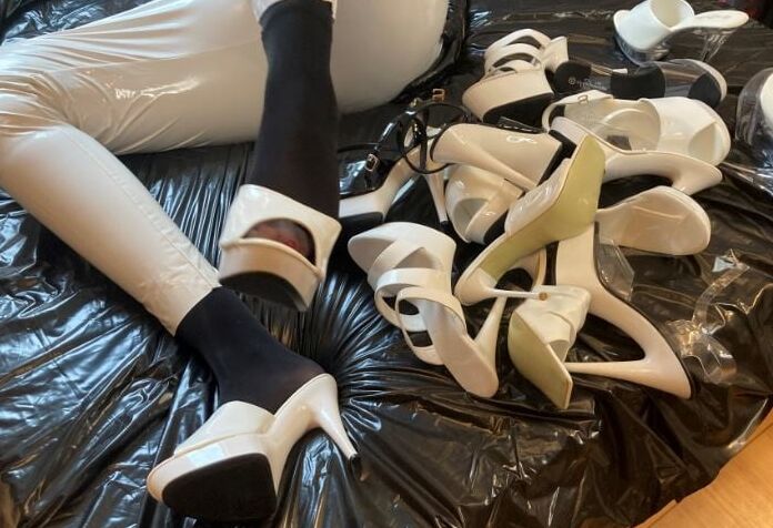 White Heels, White Leggings, Black Nylons