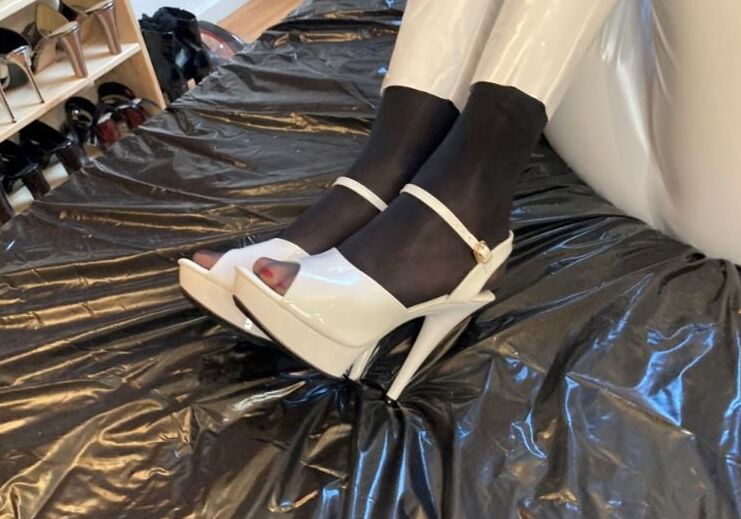 White Heels, White Leggings, Black Nylons