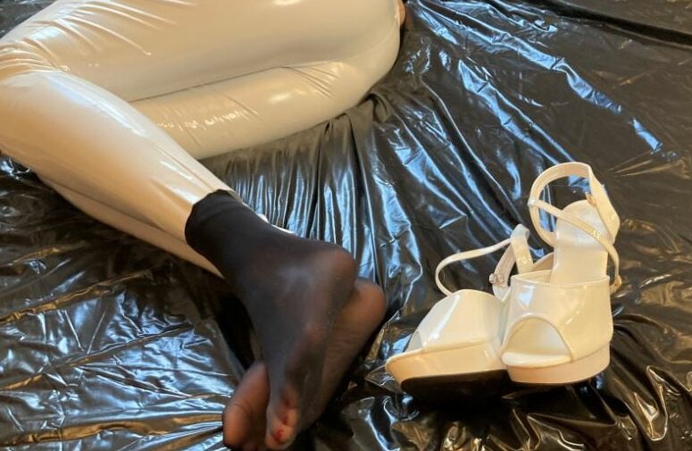 White Heels, White Leggings, Black Nylons