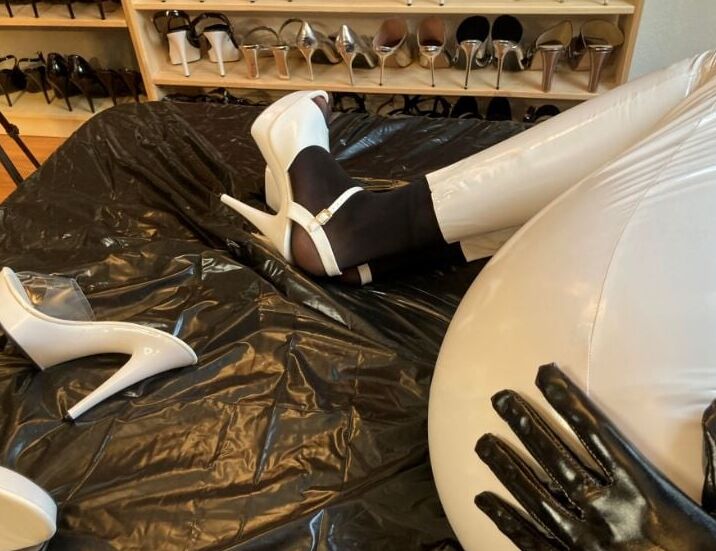 White Heels, White Leggings, Black Nylons