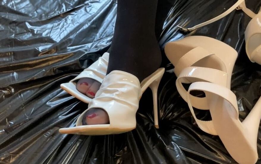 White Heels, White Leggings, Black Nylons