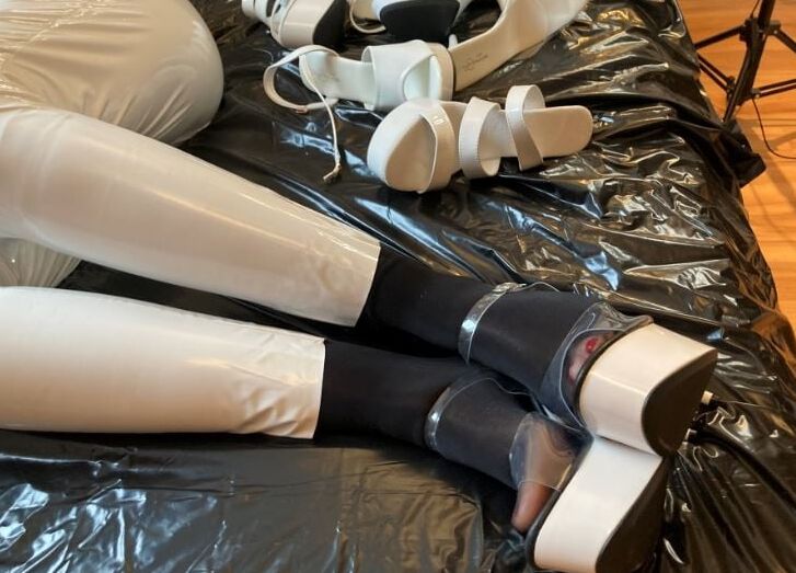 White Heels, White Leggings, Black Nylons