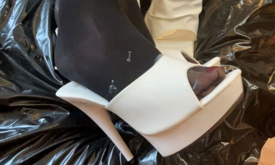 White Heels, White Leggings, Black Nylons