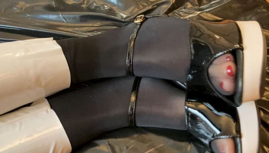 White Heels, White Leggings, Black Nylons