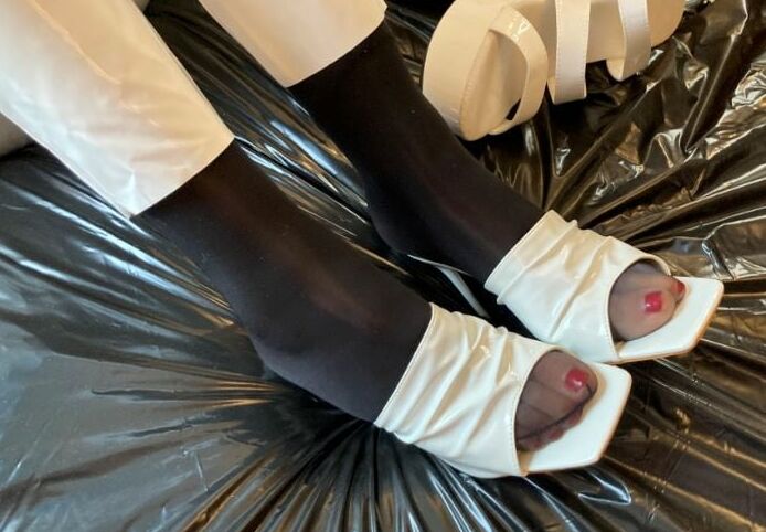 White Heels, White Leggings, Black Nylons
