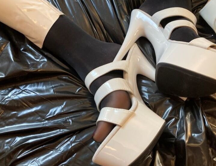 White Heels, White Leggings, Black Nylons