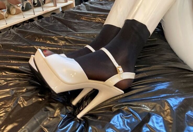 White Heels, White Leggings, Black Nylons
