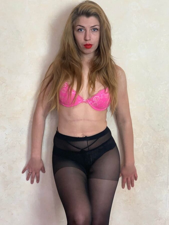 Sexy Babe In Pink Bra and Black Pantyhose