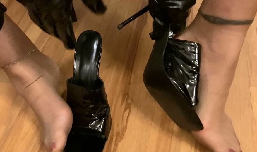 Vinyl Leggings and High Heel Mules