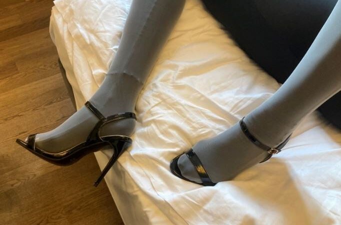 Black Spandex, white Nylons, Black Heels
