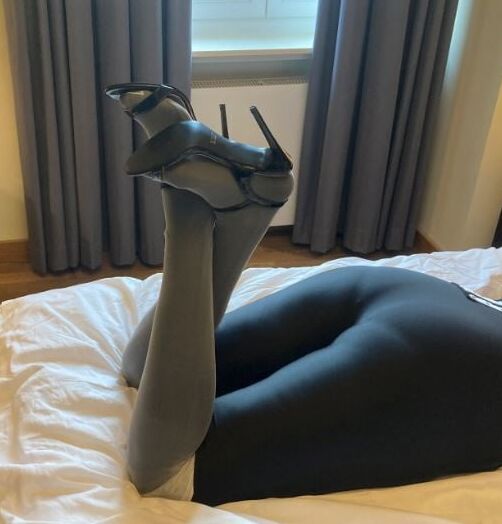 Black Spandex, white Nylons, Black Heels