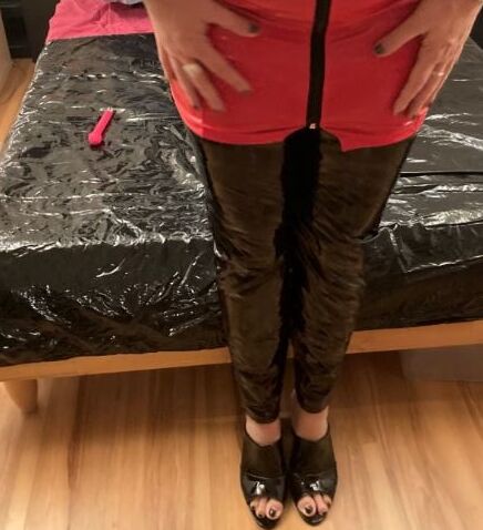 Vinyl Pants and High Heel Mules