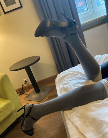 Black Spandex, white Nylons, Black Heels