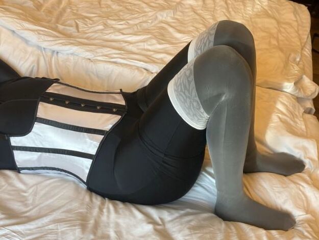 Black Spandex, white Nylons, Black Heels