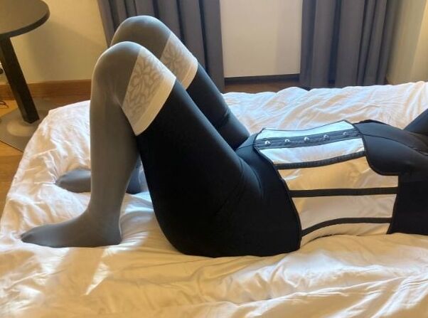 Black Spandex, white Nylons, Black Heels