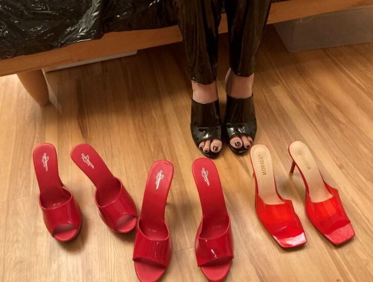 Vinyl Pants and High Heel Mules