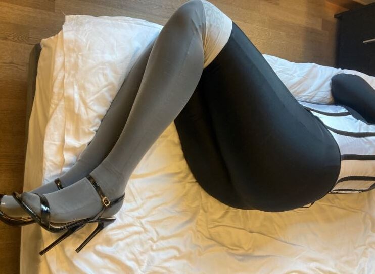 Black Spandex, white Nylons, Black Heels