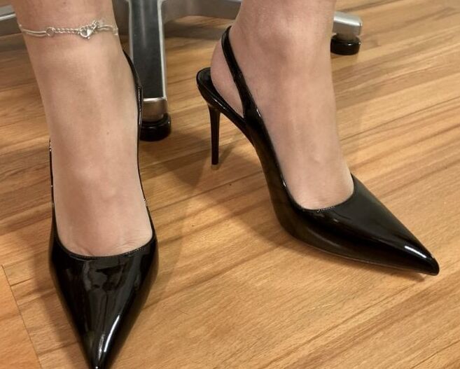 Black Leggings, Nylons and High Heel Sling Pumps
