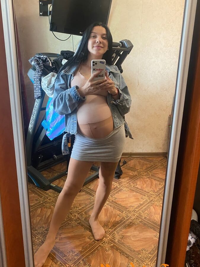Pregnant Brunette In Sheer Pantyhose