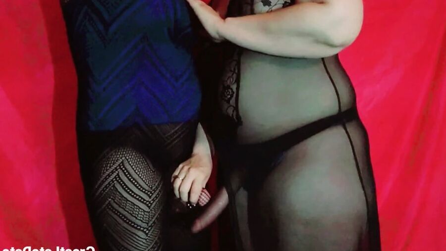 Her Big Cock Makes Him Hard - Handjob and Strap on Play