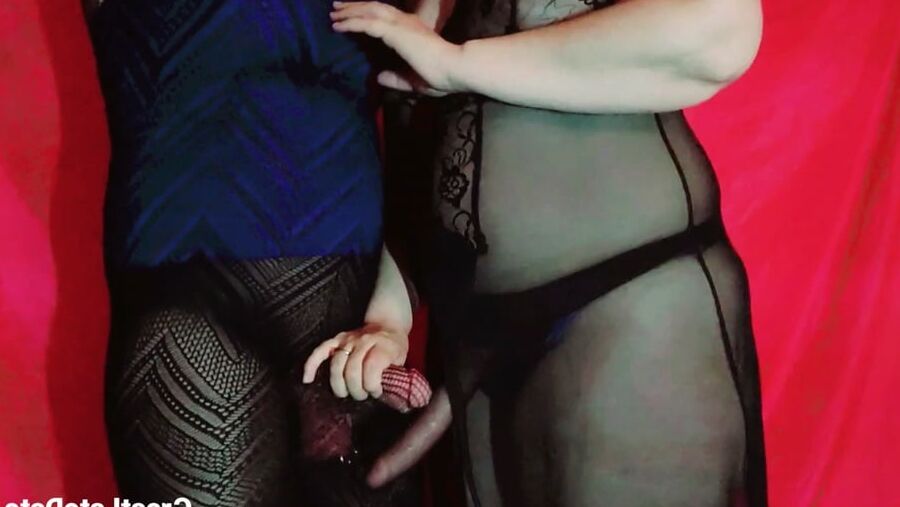 Her Big Cock Makes Him Hard - Handjob and Strap on Play