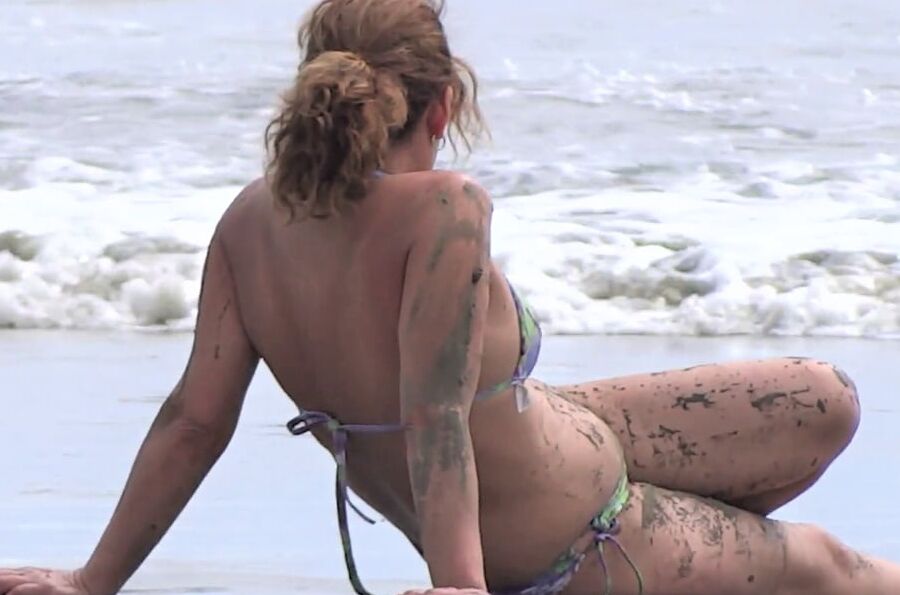 My hairy wife on the beach, watch her videos too