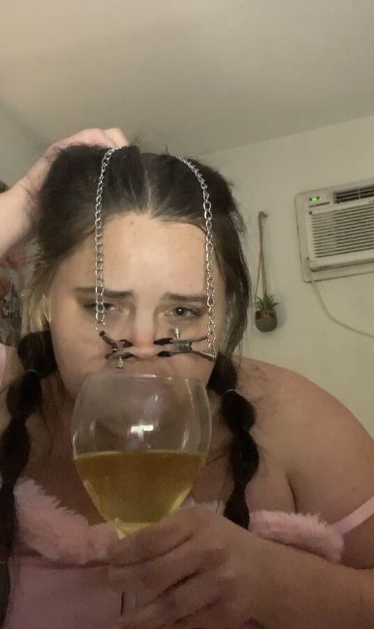 Fat piggy squats over wine glass