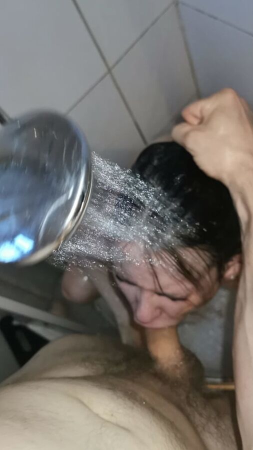 Sucking big cock with the shower over my head