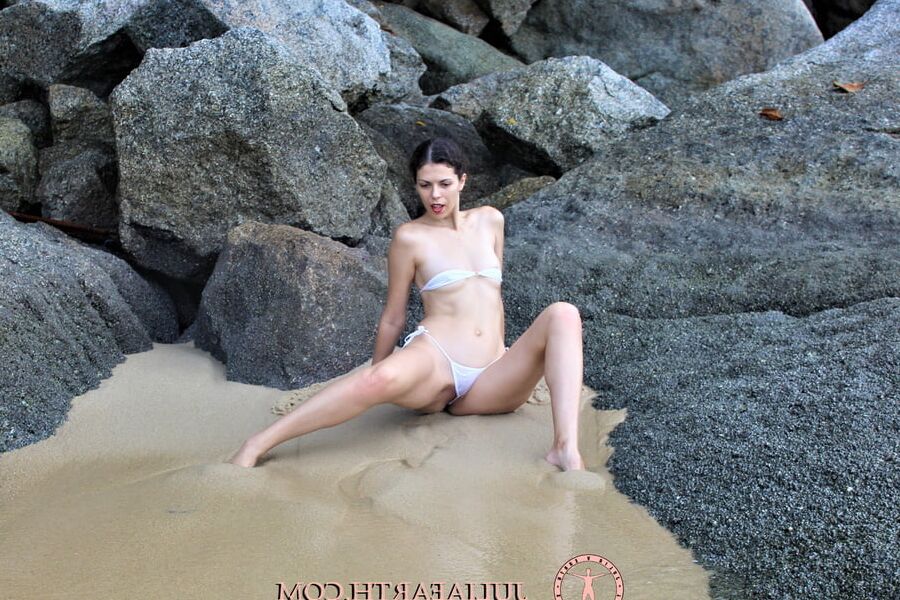 Part 4. Julia V Earth in white bikini at the beach.