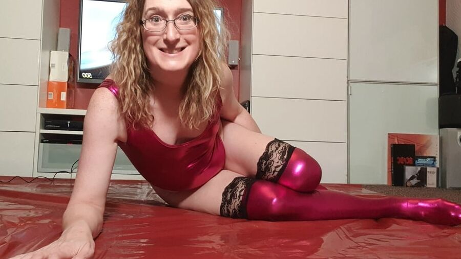 Red Shiny Spandex Leotard and Leg Warmers