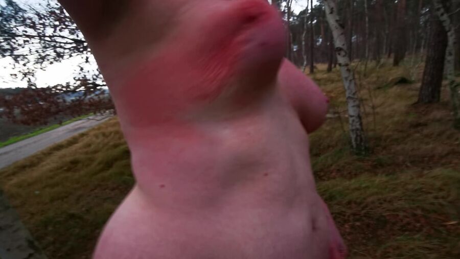 Naked on bench in winter - titslapping