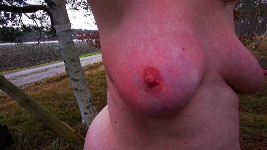 Naked on bench in winter - titslapping