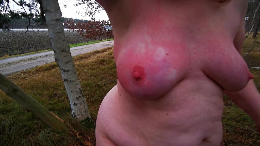 Naked on bench in winter - titslapping