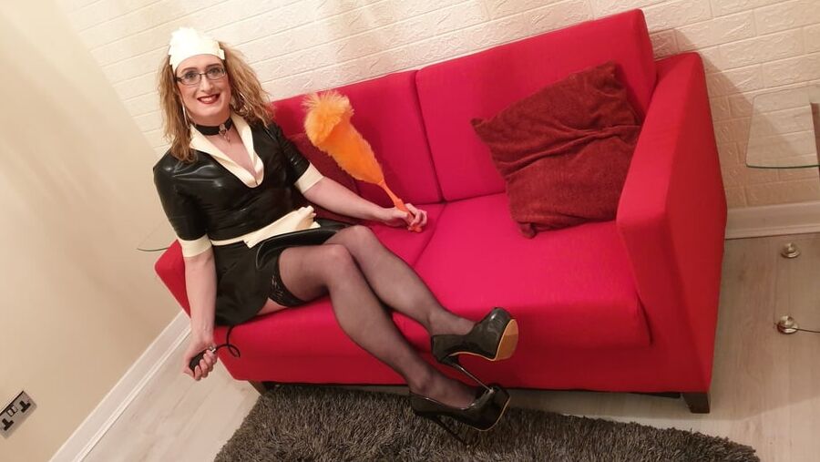 Latex Maid With a Pump Up Anal Plug, Stockings and Heels