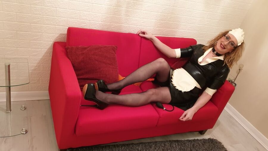 Latex Maid With a Pump Up Anal Plug, Stockings and Heels