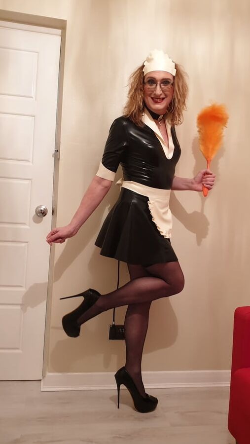 Latex Maid With a Pump Up Anal Plug, Stockings and Heels