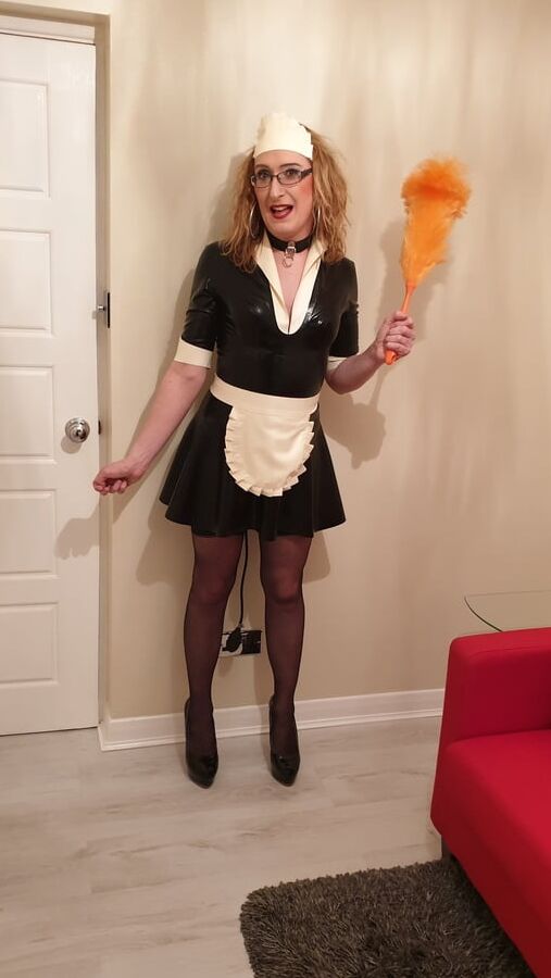 Latex Maid With a Pump Up Anal Plug, Stockings and Heels