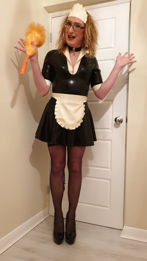 Latex Maid With a Pump Up Anal Plug, Stockings and Heels