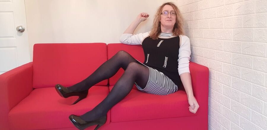 Opaque Stockings, Black Heels and Blue Knickers
