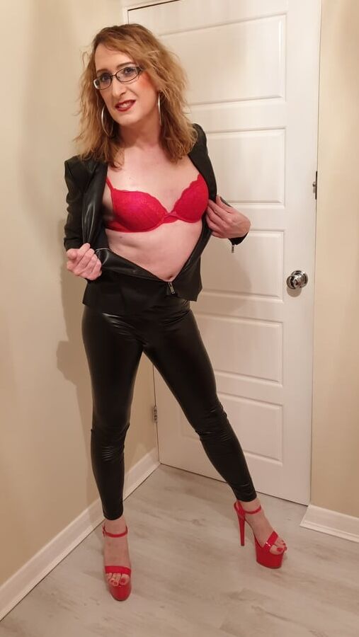 Black Tight PVC Leather Look and Huge Heels Essex Girl Lisa