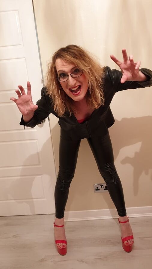 Black Tight PVC Leather Look and Huge Heels Essex Girl Lisa