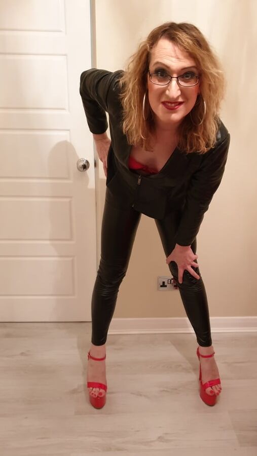 Black Tight PVC Leather Look and Huge Heels Essex Girl Lisa