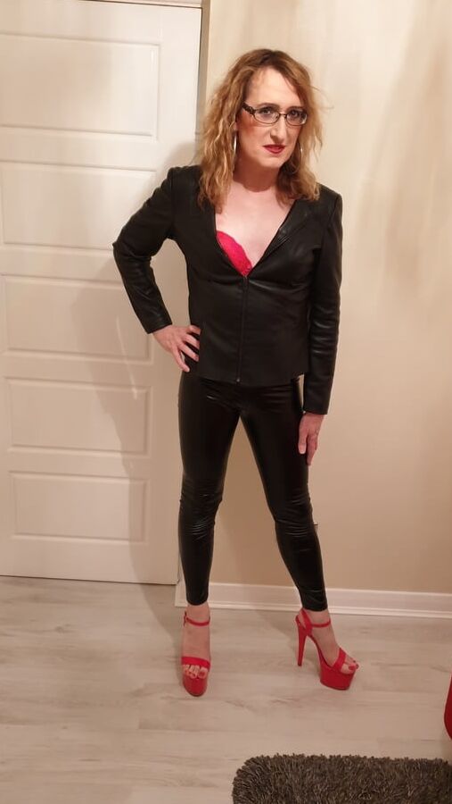 Black Tight PVC Leather Look and Huge Heels Essex Girl Lisa
