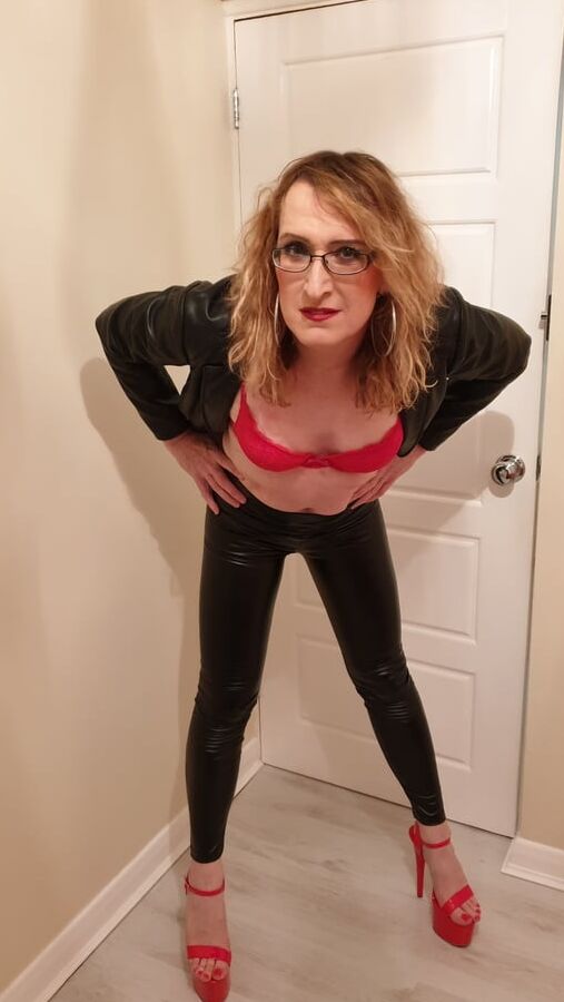 Black Tight PVC Leather Look and Huge Heels Essex Girl Lisa