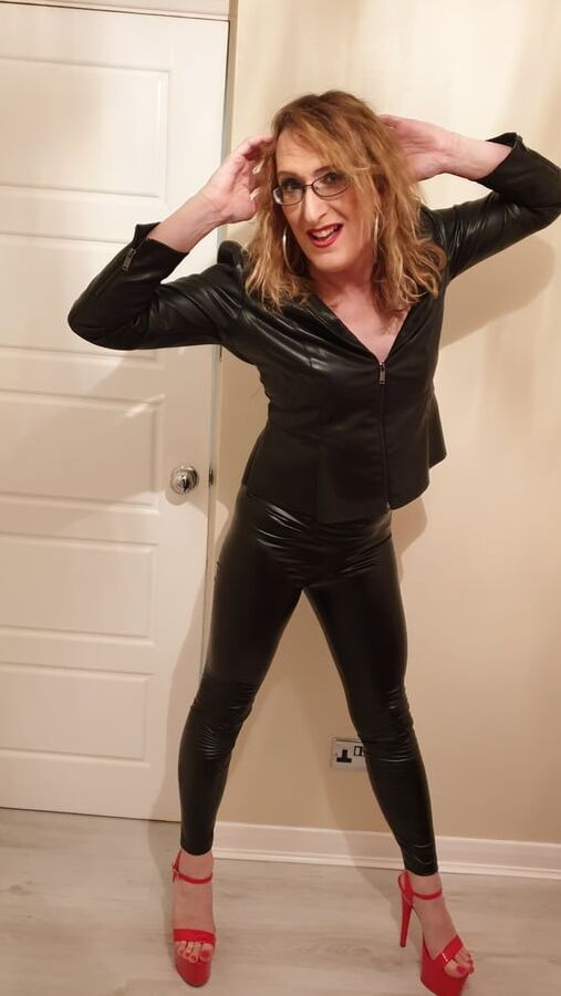 Black Tight PVC Leather Look and Huge Heels Essex Girl Lisa