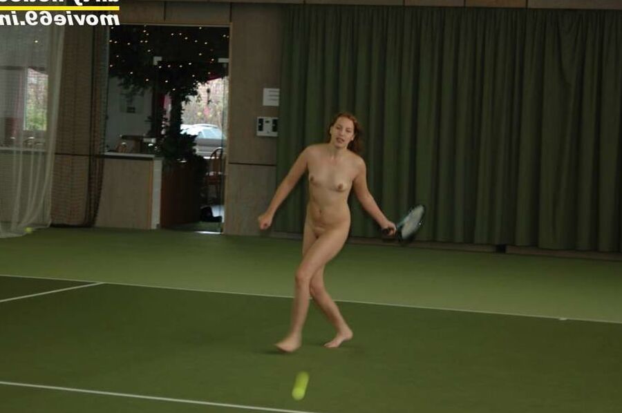 Nathalie plays naked tennis in a tennis hall