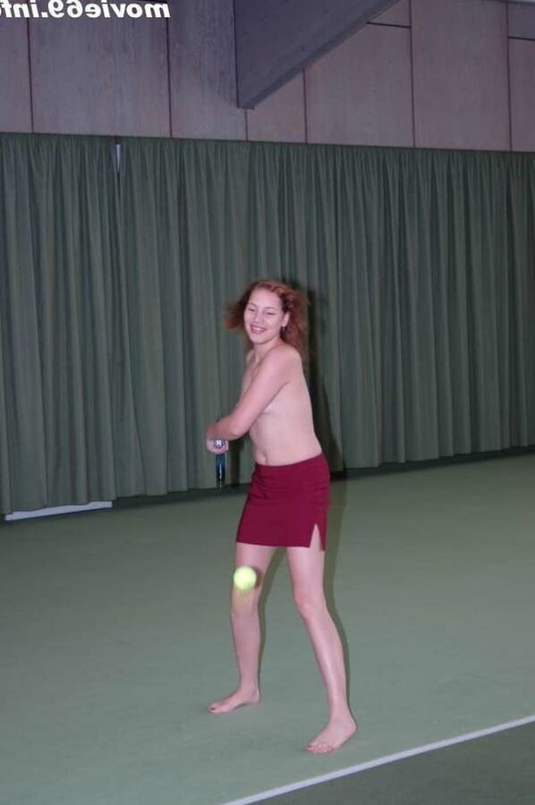 Nathalie plays naked tennis in a tennis hall