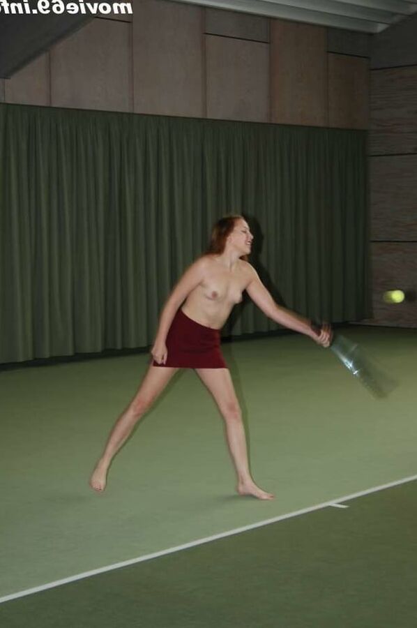 Nathalie plays naked tennis in a tennis hall