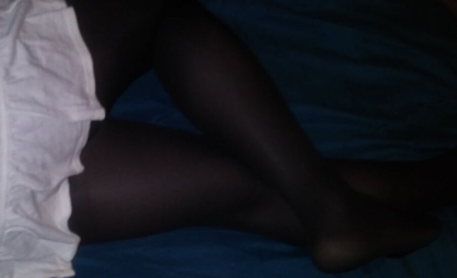 My systers black nylons and white skirt she wore yesterday